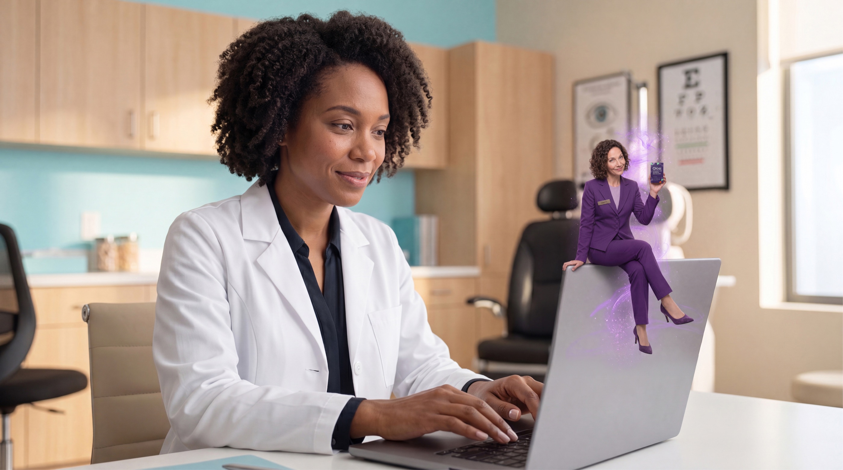 Eye care professional at a laptop